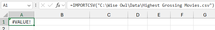 An error caused by passing an invalid file path into the IMPORTCSV function in Microsoft Excel