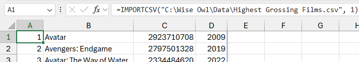 Skipping rows in the IMPORTCSV function in Microsoft Excel