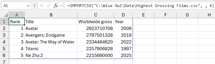 Using the take_rows parameter in the IMPORTCSV function in Microsoft Excel