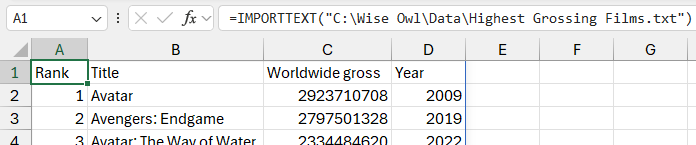 Importing data from a tab-delimited text file using the IMPORTTEXT function in Microsoft Excel