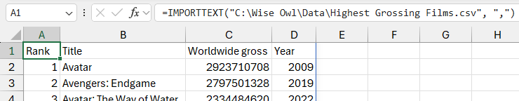 Specifying the delimiter in the IMPORTTEXT function in Microsoft Excel