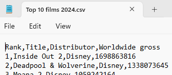 Sample data in a csv file displayed in Notepad