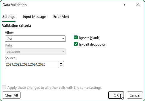 Data validation settings to create a drop down list in Microsoft Excel