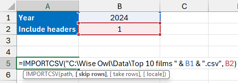 Using the skip rows parameter of the IMPORTCSV function in Microsoft Excel