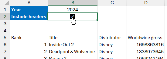 Using a check box to control the inclusion of column headers in the IMPORTCSV function in Excel