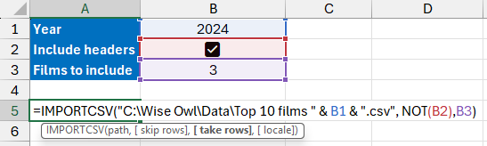Using the take rows parameter of the IMPORTCSV function to control how many rows to import from a text file
