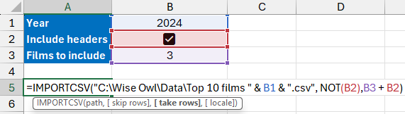 Using the IMPORTCSV function in Excel with cell values controlling which data is returned.