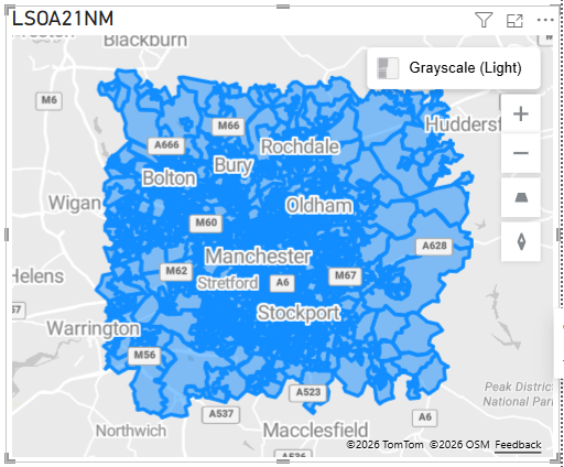 Power BI Azure Map with the census boundaries highlighted. Power BI Azure Map with the census boundaries highlighted.