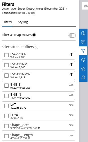 List of available filters based on the columns within the dataset List of available filters based on the columns within the dataset