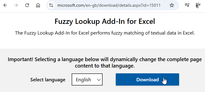 Downloading the Excel Fuzzy Lookup add-in from the Microsoft website