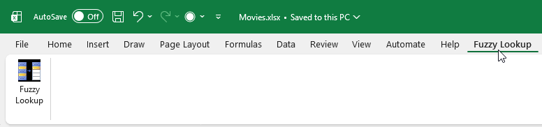 The Fuzzy Lookup tab in the Excel ribbon
