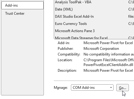 Choosing to manage Add-ins in Excel