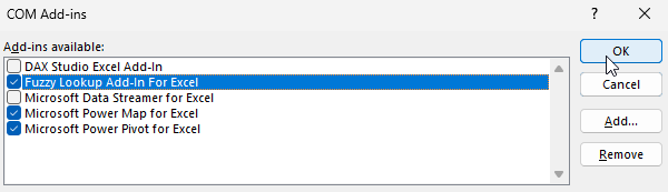 Enabling the Fuzzy Lookup add-in for Excel