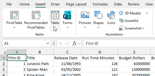 Inserting a table in an Excel worksheet