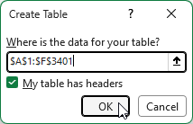 Creating a table in an Excel worksheet