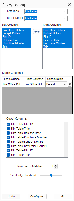 The Fuzzy Lookup pane in Microsoft Excel