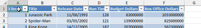 Selecting a cell in an Excel table