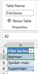 A data table in an Excel worksheet.
