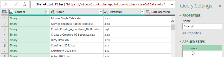 A basic Power Query query to return a list of files stored in a SharePoint site A basic Power Query query to return a list of files stored in a SharePoint site