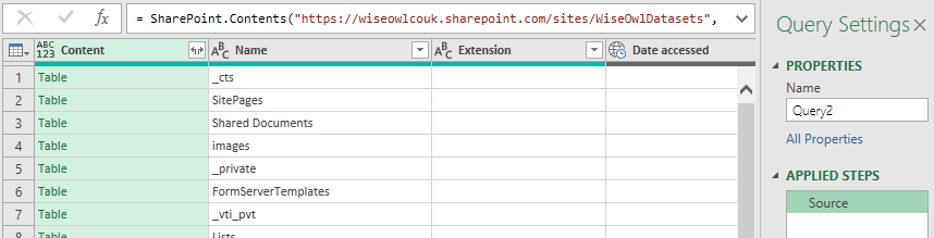 Using the SharePoint.Contents function in Power Query to list the contents of a SharePoint site. Using the SharePoint.Contents function in Power Query to list the contents of a SharePoint site.