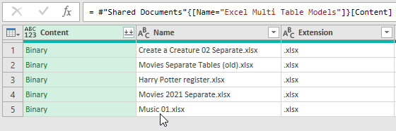 A list of files in a SharePoint folder displayed in Power Query A list of files in a SharePoint folder displayed in Power Query