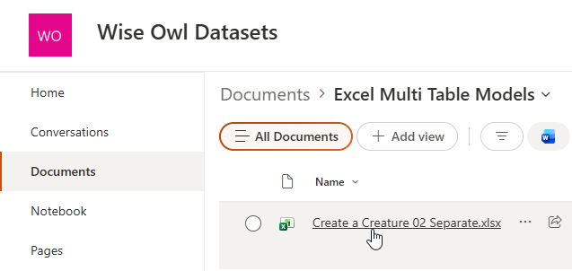 An Excel file stored in a folder in a SharePoint site