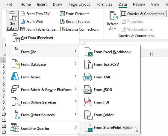 Choosing to import data from a SharePoint folder in Excel