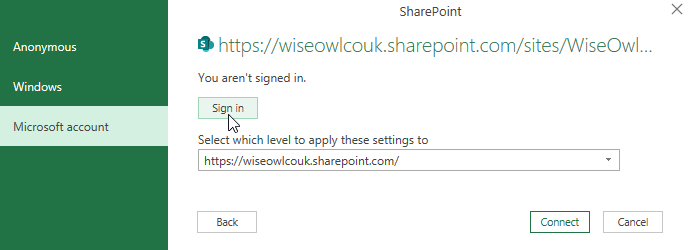 Entering credentials when connecting to a SharePoint site in Power Query for Excel