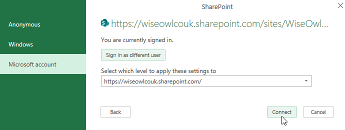 Connecting to a SharePoint site after entering credentials in Power Query for Excel