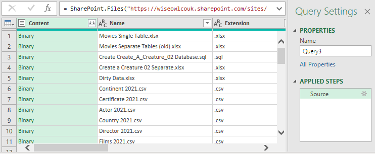 A list of SharePoint files displayed in a query in Power Query for Excel