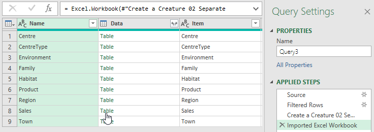 Choosing a worksheet to import from an Excel file in Power Query