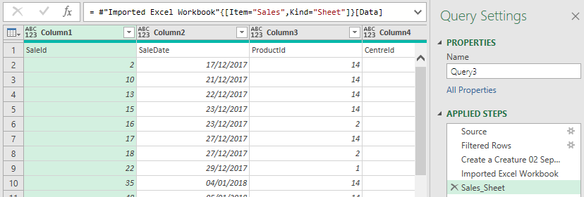 Data from an Excel worksheet displayed in Power QUery