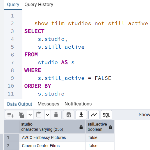 Query listing studios not still active
