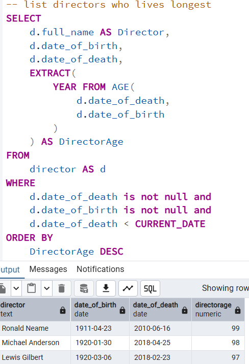 Listing directors by age