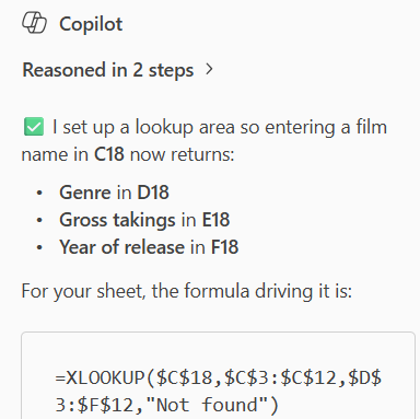 The XLOOKUP formula created