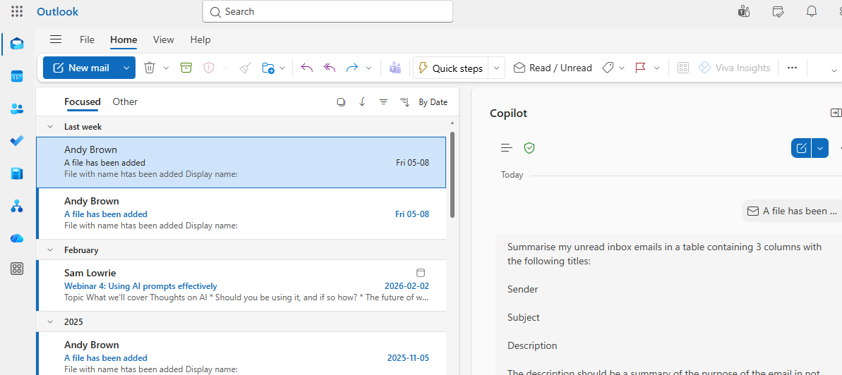 Outlook screen