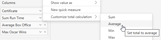 Choosing a custom total calculation for a table in Power BI.