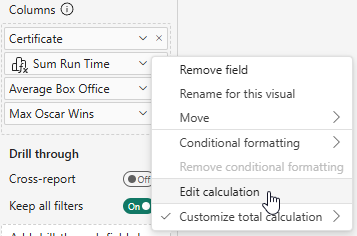 Choosing to edit a visual calculation in a table in Power BI
