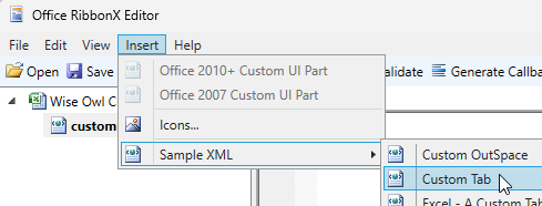 Inserting sample XML code into a custom user interface file in the Office RibbonX Editor