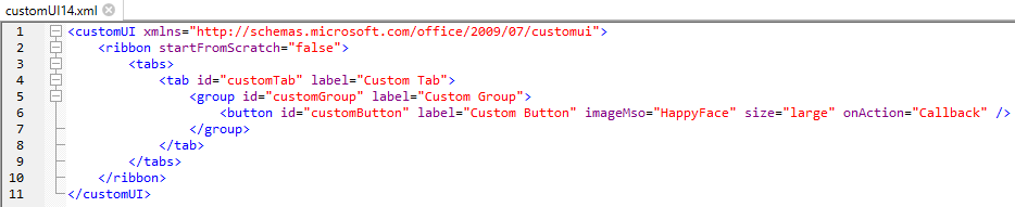 Sample XML code for a custom ribbon tab in Excel