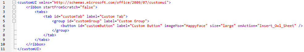 XML code for a custom ribbon tab in Microsoft Excel