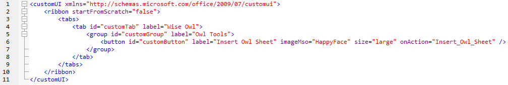 Edited labels in the XML code for a custom Excel ribbon tab.