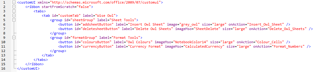 XML code to customise the Excel ribbon