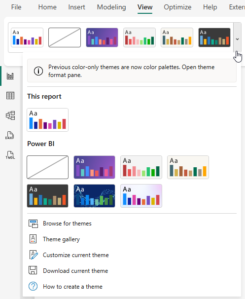 The Themes gallery in Microsoft Power BI Desktop The Themes gallery in Microsoft Power BI Desktop