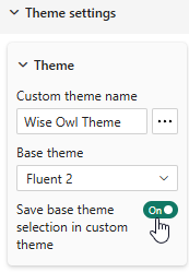 Choosing to include a base theme in a custom theme in Power BI Desktop Choosing to include a base theme in a custom theme in Power BI Desktop