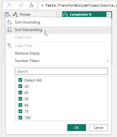 Applying a sort to the completion percentage Applying a sort to the completion percentage