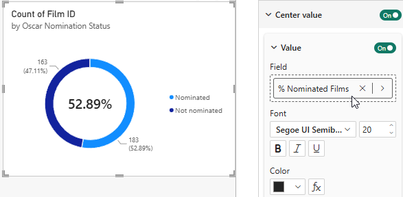 Assigning a DAX measure to the center value of a donut chart in a Power BI report Assigning a DAX measure to the center value of a donut chart in a Power BI report