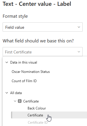 Choosing a field value for a Power BI donut chart centre label Choosing a field value for a Power BI donut chart centre label