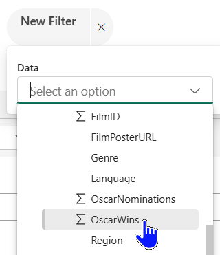 An image showing the first step of choosing what data to filter by. An image showing the first step of choosing what data to filter by.