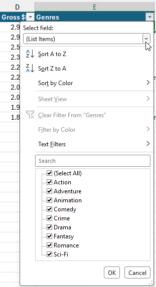 Filtering list items in an Excel table Filtering list items in an Excel table